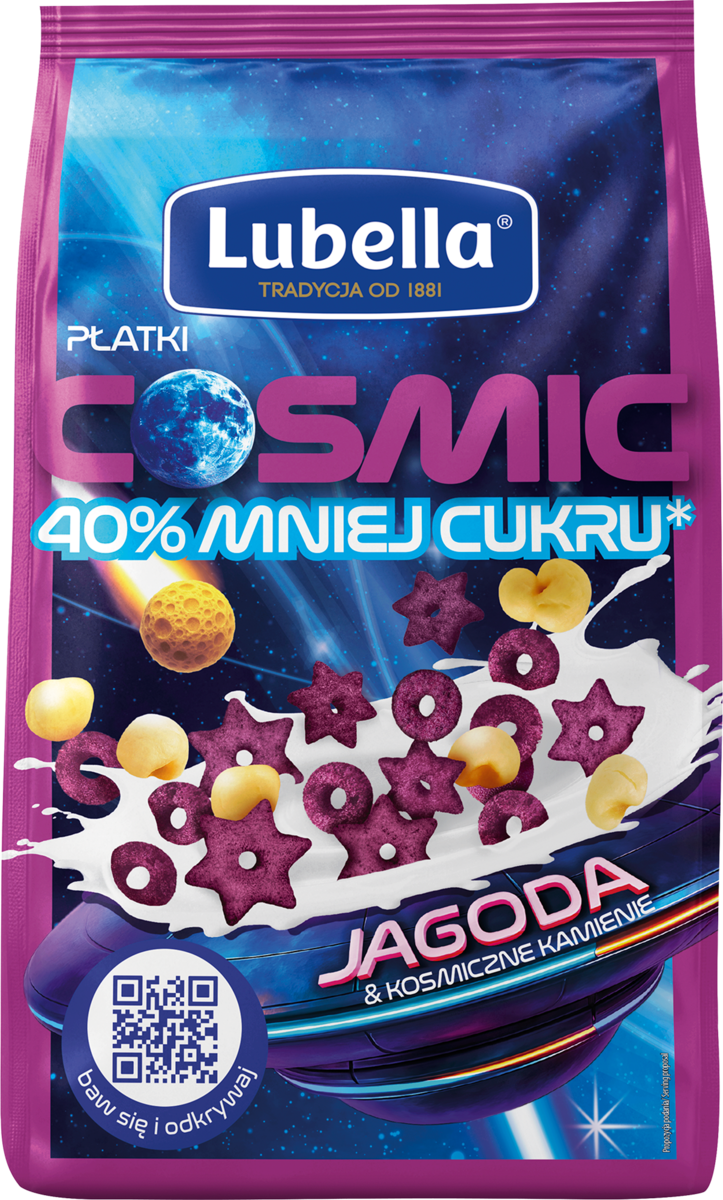 LUBELLA PŁATKI COSMIC O smaku jagodowo śmietankowym z dodatkiem POPCORNU 350g