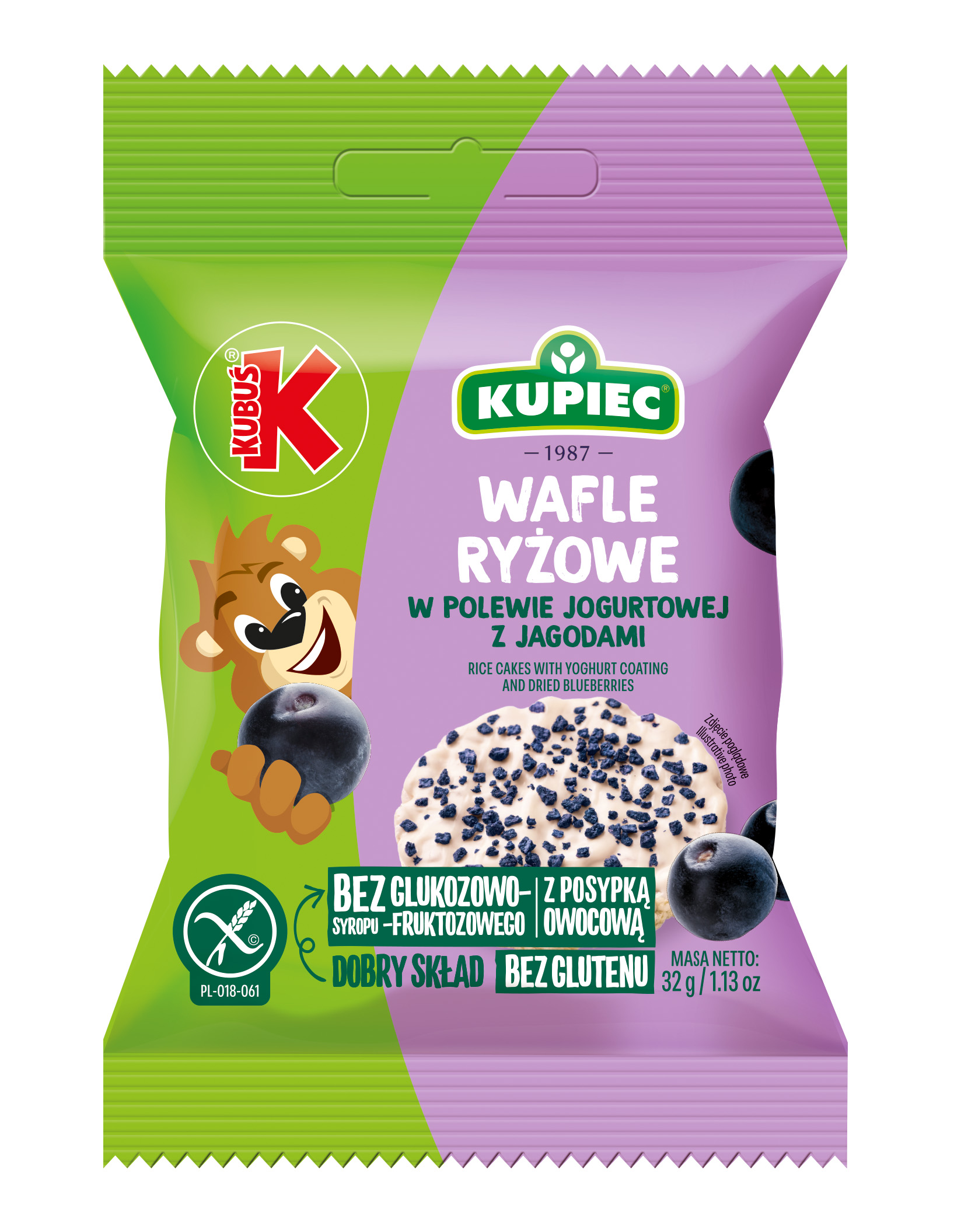 KUPIEC&KUBUŚ Wafle ryżowe z polewą jogurtową i suszoną jagodą 32 g