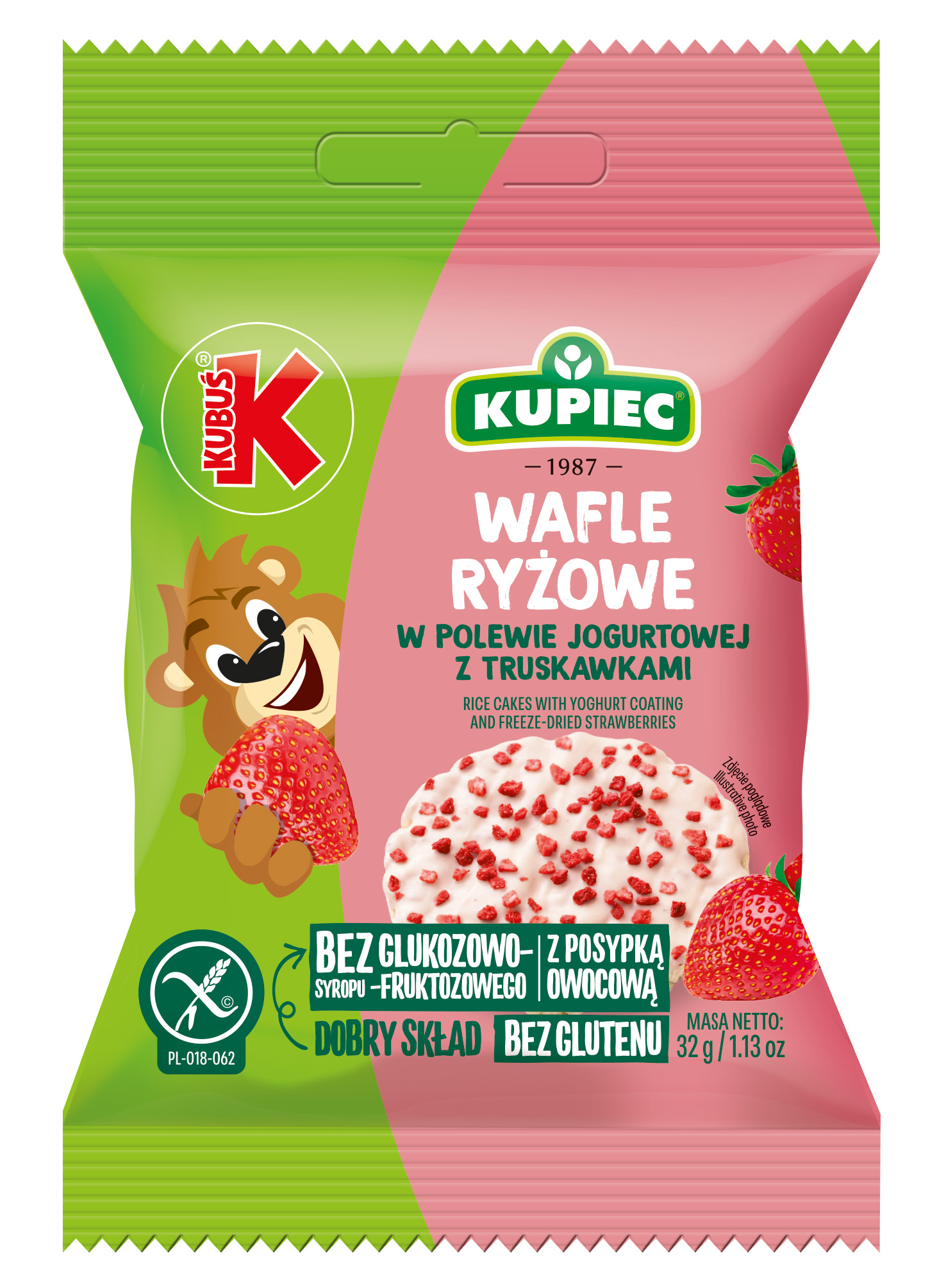 KUPIEC&KUBUŚ Wafle ryżowe z polewą jogurtową z liofilizowaną truskawką 32 g