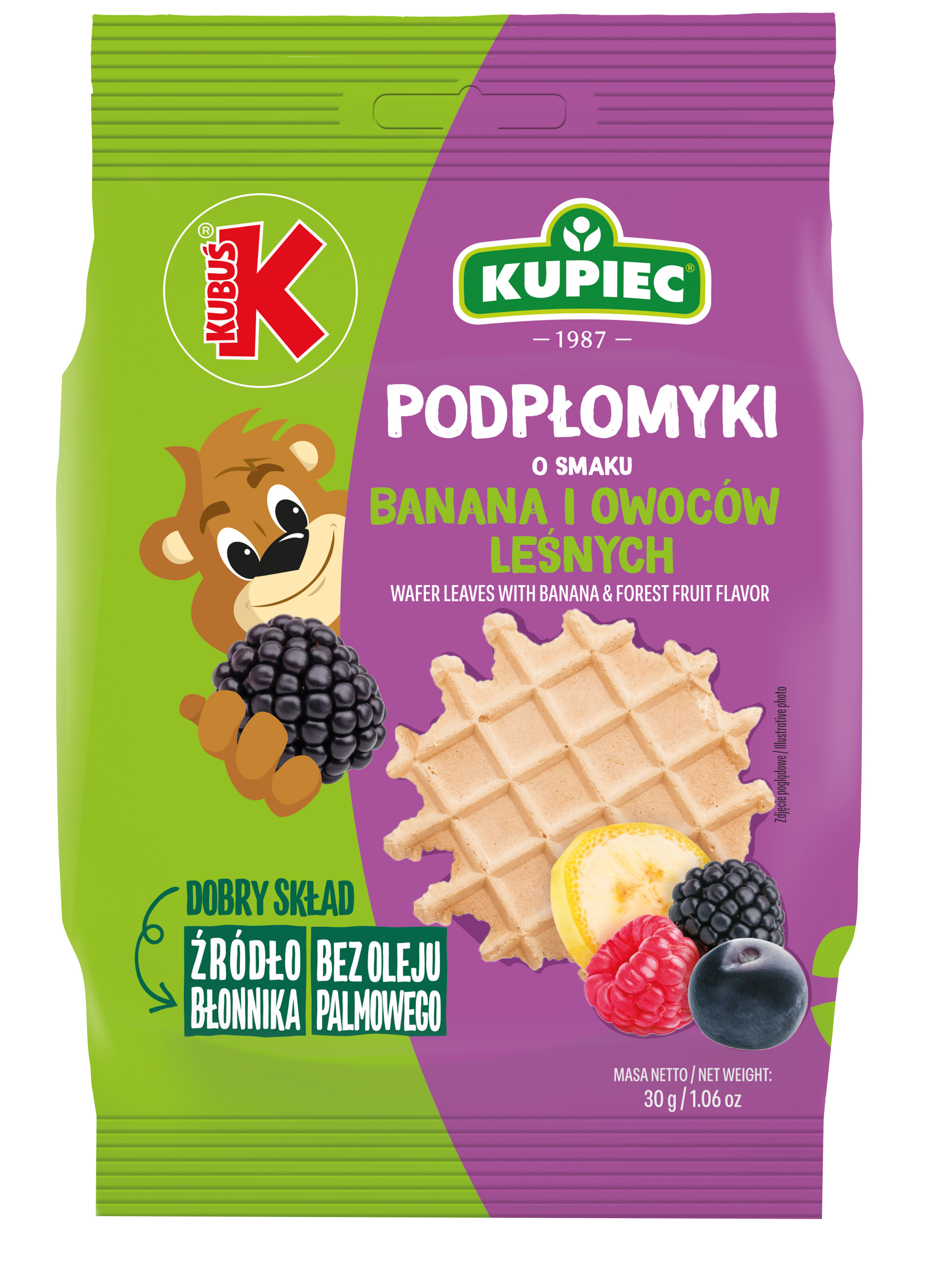 KUPIEC&KUBUŚ Podpłomyki mini o smaku banana i owoców leśnych 30g