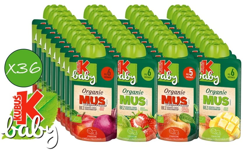 Kubuś ORGANIC Mus Mix Owoców i Warzyw: Jabłko, Mango, Truskawka 36x100g