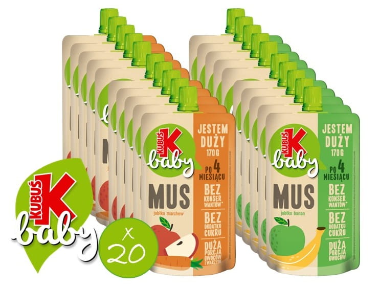 Kubuś Mus Jabłko-Banan i Jabłko-Marchew Owocowo-Warzywny Mix 20x170g