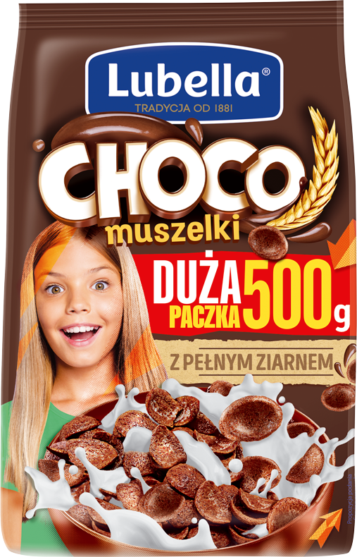 Lubella Mlekołaki Choco Muszelki Zbożowe muszelki o smaku czekoladowym 500g
