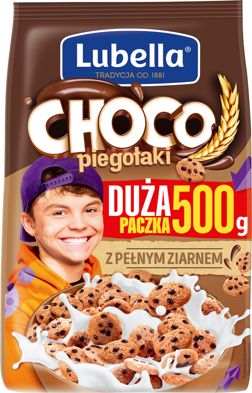 Lubella Mlekołaki Choco Piegołaki Zbożowe chrupki w kształcie ciasteczek o smaku czekoladowym 500g