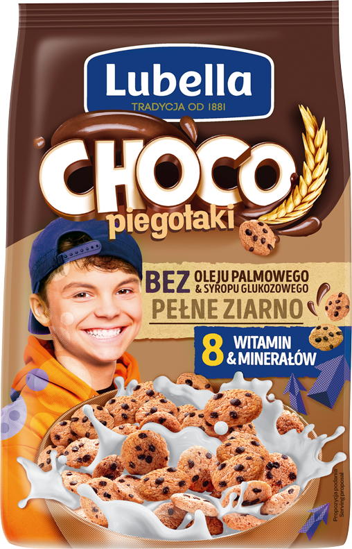 Lubella Mlekołaki Choco Piegołaki Zbożowe chrupki w kształcie ciasteczek o smaku czekoladowym 250g