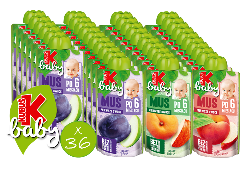 Kubuś Mus Baby Jabłko, Śliwka, Morela, Brzoskwinia, Mix Owoce 36x120g