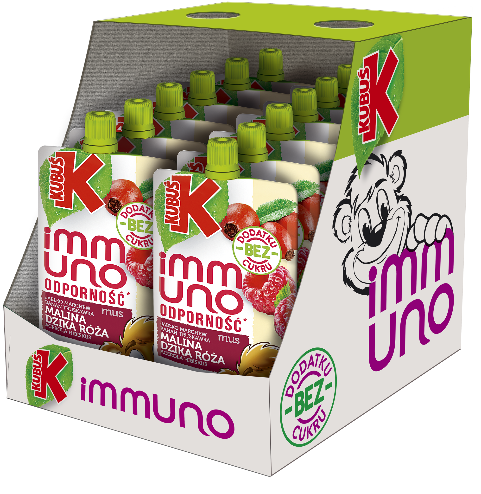 Kubuś Immuno Odporność Mus jabłko marchew banan truskawka malina dzika róża acerola hibiskus 12x100 g